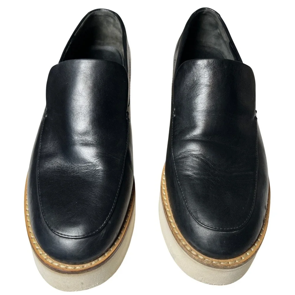 Vince Black Leather Platform Slip On Loafers Flatform Shoes US 7M EUR 37‎